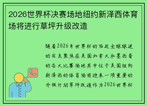 2026世界杯决赛场地纽约新泽西体育场将进行草坪升级改造