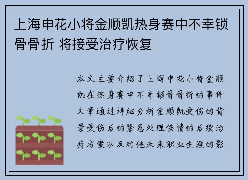 上海申花小将金顺凯热身赛中不幸锁骨骨折 将接受治疗恢复