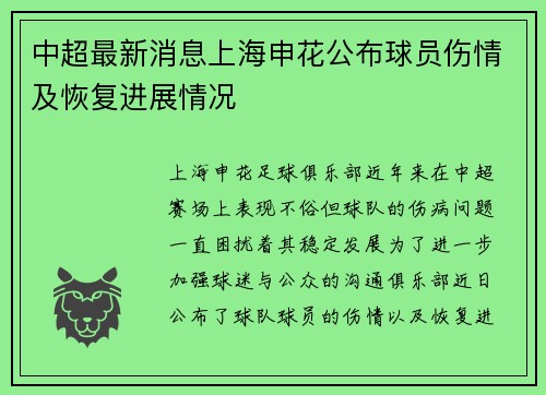 中超最新消息上海申花公布球员伤情及恢复进展情况